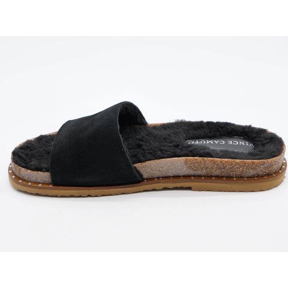 Vince Camuto Sandals Womens 6 Kanadial Black Suede Faux Fur Lined Slides Studded - Picture 5 of 11